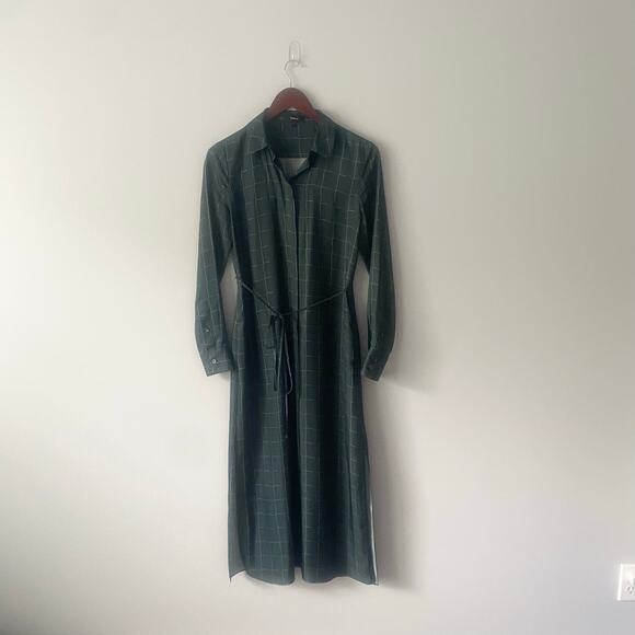 Theory Belted Shirt Dress Maxi in Petrol Multi Graphic Grid Print Small Petite - Picture 2 of 9